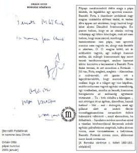 Orbán Ottó dedikációja a Boreasz sörénye c. könyvéhez Bernáth Istvánéknak (2001)