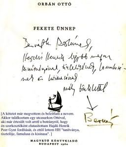 Orbán Ottó dedikációja a Fekete ünnep c. könyvéhez Bernáth Istvánnak (1960)